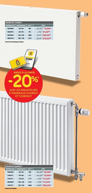 Promotions -20% sur les radiateurs à panneaux everest et compact - Produit maison - Brico - Valide de 25/08/2021 à 06/09/2021 chez Brico