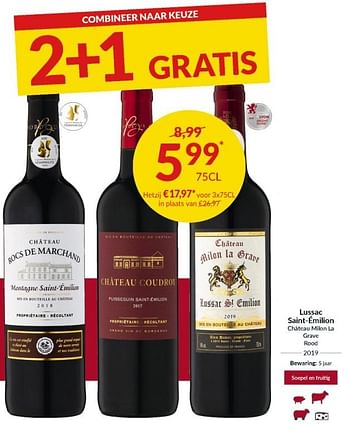 Promoties Lussac saint- émilion château milon la grave rood - Rode wijnen - Geldig van 31/08/2021 tot 19/09/2021 bij Intermarche