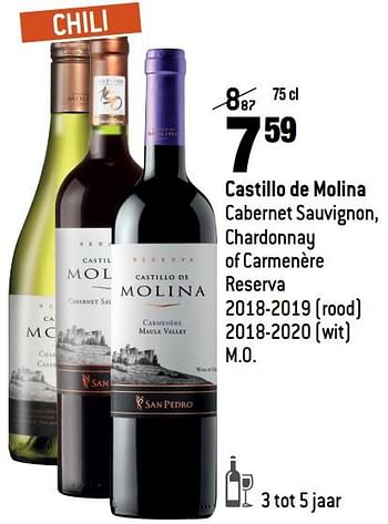 Promoties Castillo de molina cabernet sauvignon chardonnay of carmenère reserva rood wit - Rode wijnen - Geldig van 01/09/2021 tot 28/09/2021 bij Match