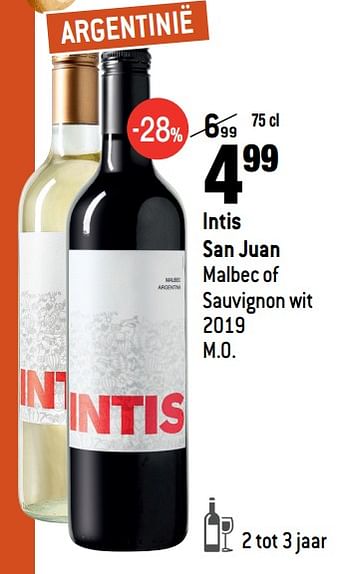 Promoties Intis san juan malbec of sauvignon wit - Witte wijnen - Geldig van 01/09/2021 tot 28/09/2021 bij Match