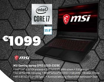 Promoties Msi gaming laptop gf63 10ud-232be - MSI - Geldig van 01/09/2021 tot 30/09/2021 bij Expert