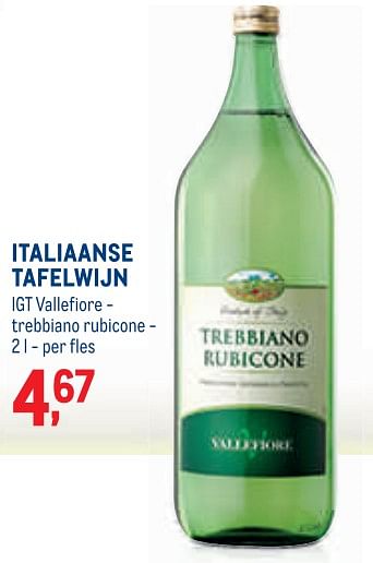 Promotions Italiaanse tafelwijn igt vallefiore - trebbiano rubicone - Vins blancs - Valide de 01/09/2021 à 31/01/2022 chez Metro