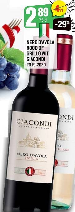 Promoties Nero d`avola rood of grillo wit giacondi - Rode wijnen - Geldig van 08/09/2021 tot 28/09/2021 bij Smatch