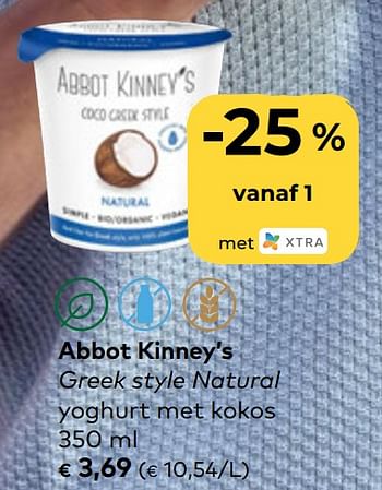 Promoties Abbot kinney’s greek style natural yoghurt met kokos - Abbot Kinney's  - Geldig van 08/09/2021 tot 05/10/2021 bij Bioplanet