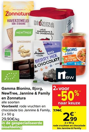 Promoties Rode vruchten en chocolade bio jannine + family - Huismerk - Carrefour  - Geldig van 15/09/2021 tot 27/09/2021 bij Carrefour