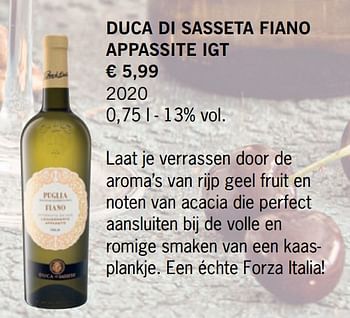 Promotions Duca di sasseta fiano appassite igt - Vins blancs - Valide de 16/09/2021 à 22/11/2021 chez Lidl
