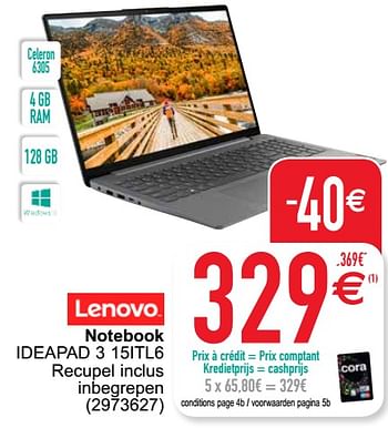 Promotions Lenovo notebook ideapad 3 15itl6 - Lenovo - Valide de 21/09/2021 à 04/10/2021 chez Cora