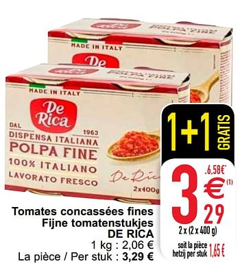 Promotions Tomates concassées fines fijne tomatenstukjes de rica - De Rica - Valide de 21/09/2021 à 27/09/2021 chez Cora
