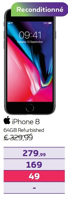 Promotions Apple iphone 8 64gb refurbished - Apple - Valide de 13/09/2021 à 30/09/2021 chez Proximus