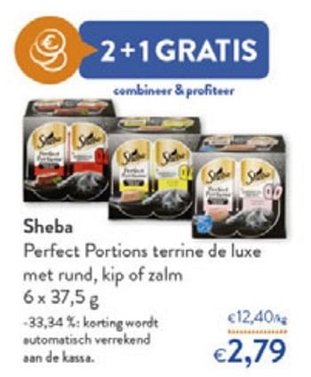Promotions Sheba perfect portions terrine de luxe met rund kip of zalm - Sheba - Valide de 22/09/2021 à 05/10/2021 chez OKay