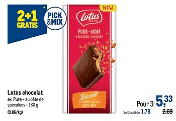 Promotions Lotus chocolat pure - au pâte de spéculoos - Lotus Bakeries - Valide de 22/09/2021 à 05/10/2021 chez Makro