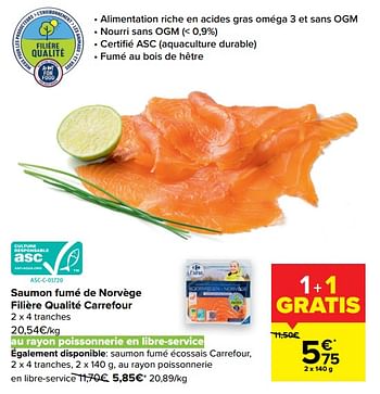 Promotions Saumon fumé de norvège filière qualité carrefour - Produit maison - Carrefour  - Valide de 22/09/2021 à 27/09/2021 chez Carrefour
