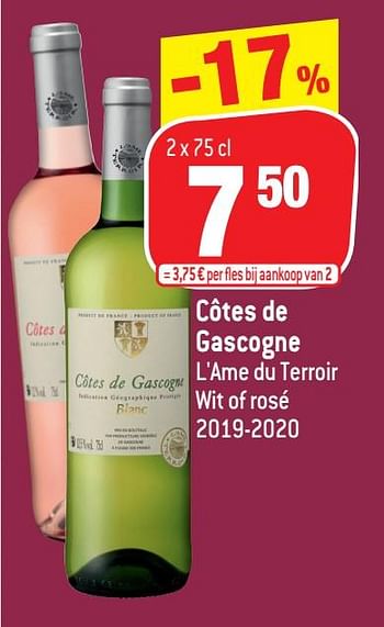 Promoties Côtes de gascogne l`ame du terroir wit of rosé 2019-2020 - Witte wijnen - Geldig van 22/09/2021 tot 28/09/2021 bij Match