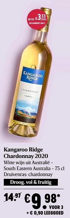Promoties Kangaroo ridge chardonnay 2020 witte wijn uit australië - south eastern australia - Witte wijnen - Geldig van 23/09/2021 tot 29/09/2021 bij Delhaize