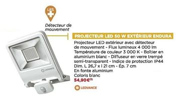 Promotions Projecteur led 50 w extérieur endura - LEDVANCE - Valide de 08/09/2021 à 31/10/2021 chez Brico Marché