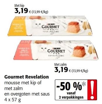 Promoties Gourmet revelation mousse met kip of met zalm en overgoten met saus - Purina - Geldig van 22/09/2021 tot 05/10/2021 bij Colruyt