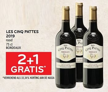 Promoties Les cinq pattes 2019 rood 2+1 gratis - Rode wijnen - Geldig van 06/10/2021 tot 19/10/2021 bij Alvo