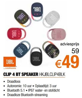 Promoties Jbl clip 4 bt speaker hkjblclip4blk - JBL - Geldig van 26/09/2021 tot 31/10/2021 bij Expert