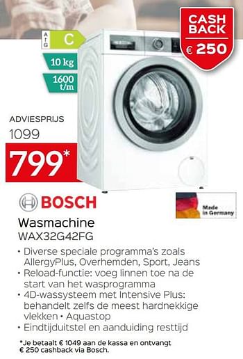 Promoties Bosch wasmachine wax32g42fg - Bosch - Geldig van 03/10/2021 tot 31/10/2021 bij Selexion