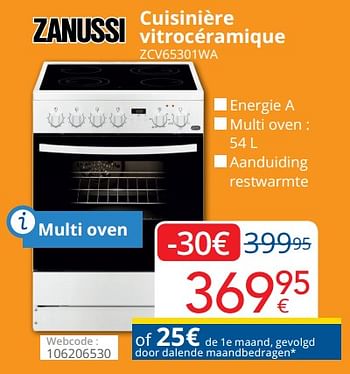 Promoties Zanussi cuisinière vitrocéramique zcv65301wa - Zanussi - Geldig van 01/10/2021 tot 31/10/2021 bij Eldi