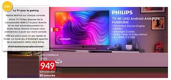 Promotions Philips tv 4k uhd android ambilight 50pus853612 - Philips - Valide de 03/10/2021 à 31/10/2021 chez Selexion