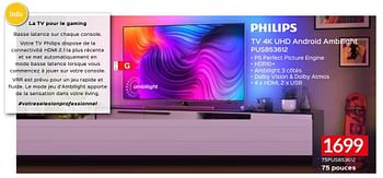 Promotions Philips tv 4k uhd android ambilight 75pus853612 - Philips - Valide de 03/10/2021 à 31/10/2021 chez Selexion