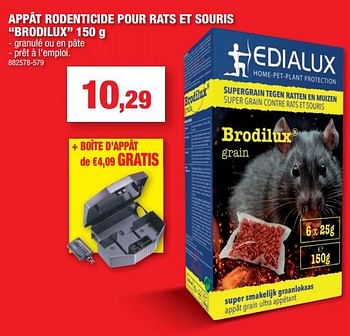 Promotions Appât rodenticide pour rats et souris brodilux - Edialux - Valide de 06/10/2021 à 10/10/2021 chez Hubo