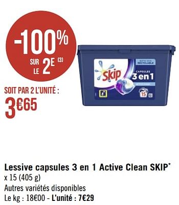 Lessive capsules activ clean 3en 1 Skip x15 sur
