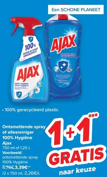 Promoties Ajax ontsmettende spray 100% hygiëne - Ajax - Geldig van 13/10/2021 tot 18/10/2021 bij Carrefour