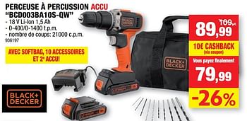 Promotions Black + decker perceuse à percussion accu bcd003ba10s-qw - Black & Descker - Valide de 13/10/2021 à 24/10/2021 chez Hubo