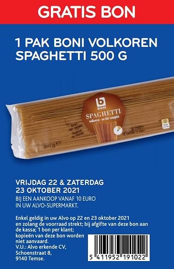 Promoties Gratis bon 1 pak boni volkoren spaghetti 500 g - Boni - Geldig van 22/10/2021 tot 02/10/2021 bij Alvo