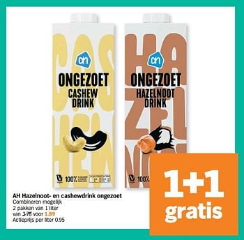 Promoties Ah hazelnoot- en cashewdrink ongezoet - Huismerk - Albert Heijn - Geldig van 18/10/2021 tot 24/10/2021 bij Albert Heijn