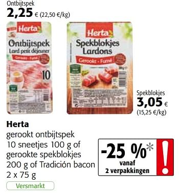 Promoties Herta gerookt ontbijtspek of gerookte spekblokjes of tradición bacon - Herta - Geldig van 20/10/2021 tot 02/11/2021 bij Colruyt