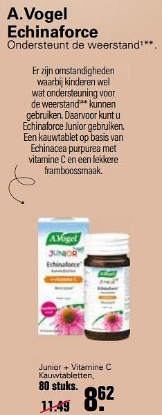 Promoties A.vogel echinaforce junior + vitamine c kauwtabletten - A. Vogel - Geldig van 22/10/2021 tot 08/11/2021 bij De Online Drogist
