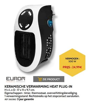 Promoties Eurom keramische verwarming heat plug-in - Eurom - Geldig van 03/11/2021 tot 31/12/2021 bij Brico
