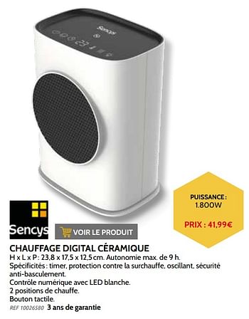 Promotions Sencys chauffage digital céramique - Sencys - Valide de 03/11/2021 à 31/12/2021 chez Brico
