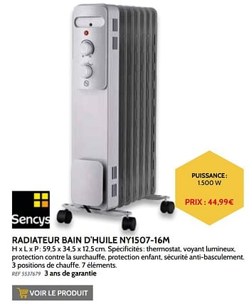 Promotions Sencys radiateur bain d’huile ny1507-16m - Sencys - Valide de 03/11/2021 à 31/12/2021 chez Brico