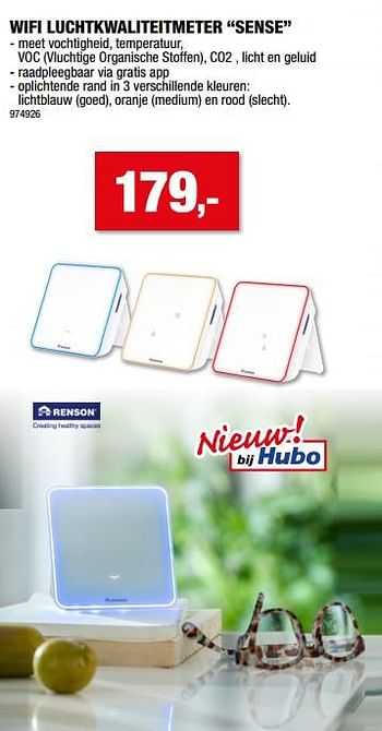 Promoties Wifi luchtkwaliteitmeter sense - Renson - Geldig van 10/11/2021 tot 14/11/2021 bij Hubo