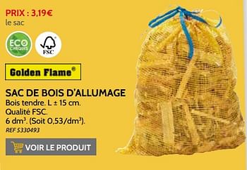 Promotions Sac de bois d’allumage - Golden Flame - Valide de 03/11/2021 à 31/12/2021 chez Brico