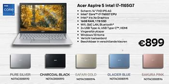Promoties Acer aspire 5 intel i7-1165g7 pure silver - Acer - Geldig van 01/11/2021 tot 30/11/2021 bij Compudeals