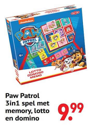 Promoties Paw patrol 3in1 spel met memory, lotto en domino - Tactic - Geldig van 01/11/2021 tot 06/12/2021 bij Freetime
