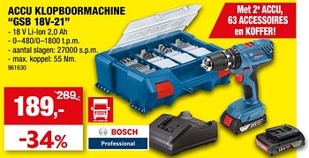 Promoties Bosch accu klopboormachine gsb 18v-21 - Bosch - Geldig van 17/11/2021 tot 27/11/2021 bij Hubo