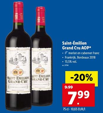 Promotions Saint-émilion grand cru aop - Vins rouges - Valide de 29/11/2021 à 04/12/2021 chez Lidl