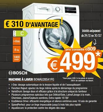 Promotions Bosch machine à laver bowau28s41fg - Bosch - Valide de 22/11/2021 à 29/11/2021 chez Expert