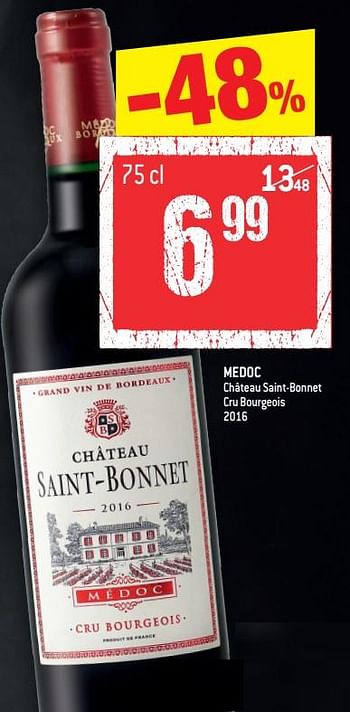 Promotions Medoc château saint-bonnet cru bourgeois 2016 - Vins rouges - Valide de 24/11/2021 à 30/11/2021 chez Match