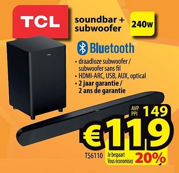 Promoties Tcl soundbar + subwoofer ts6110 - TCL - Geldig van 01/12/2021 tot 08/12/2021 bij ElectroStock