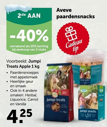 Promoties Aveve paardensnacks jumpi treats apple - Huismerk - Aveve - Geldig van 01/12/2021 tot 11/12/2021 bij Aveve