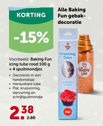Promoties Baking fun icing tube rood + 4 spuitmondjes - Baking Fun - Geldig van 01/12/2021 tot 11/12/2021 bij Aveve