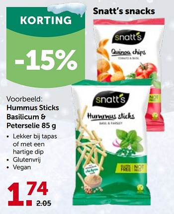 Promoties Hummus sticks basilicum + peterselie - Snatt's - Geldig van 01/12/2021 tot 11/12/2021 bij Aveve