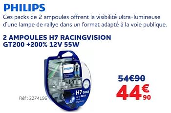 Promotions Philips 2 ampoules h7 racingvision gt200 +200% 12v 55w - Philips - Valide de 30/11/2021 à 04/01/2022 chez Auto 5